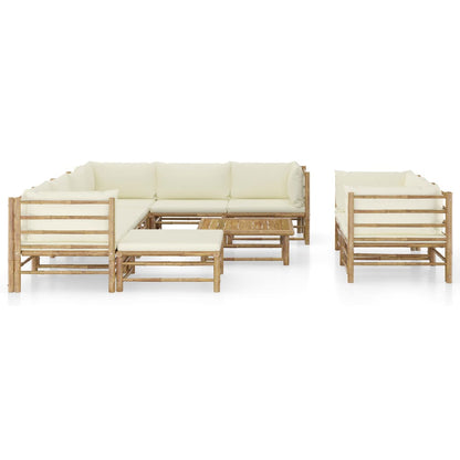 10 Piece Garden Lounge Set with Cream White Cushions Bamboo