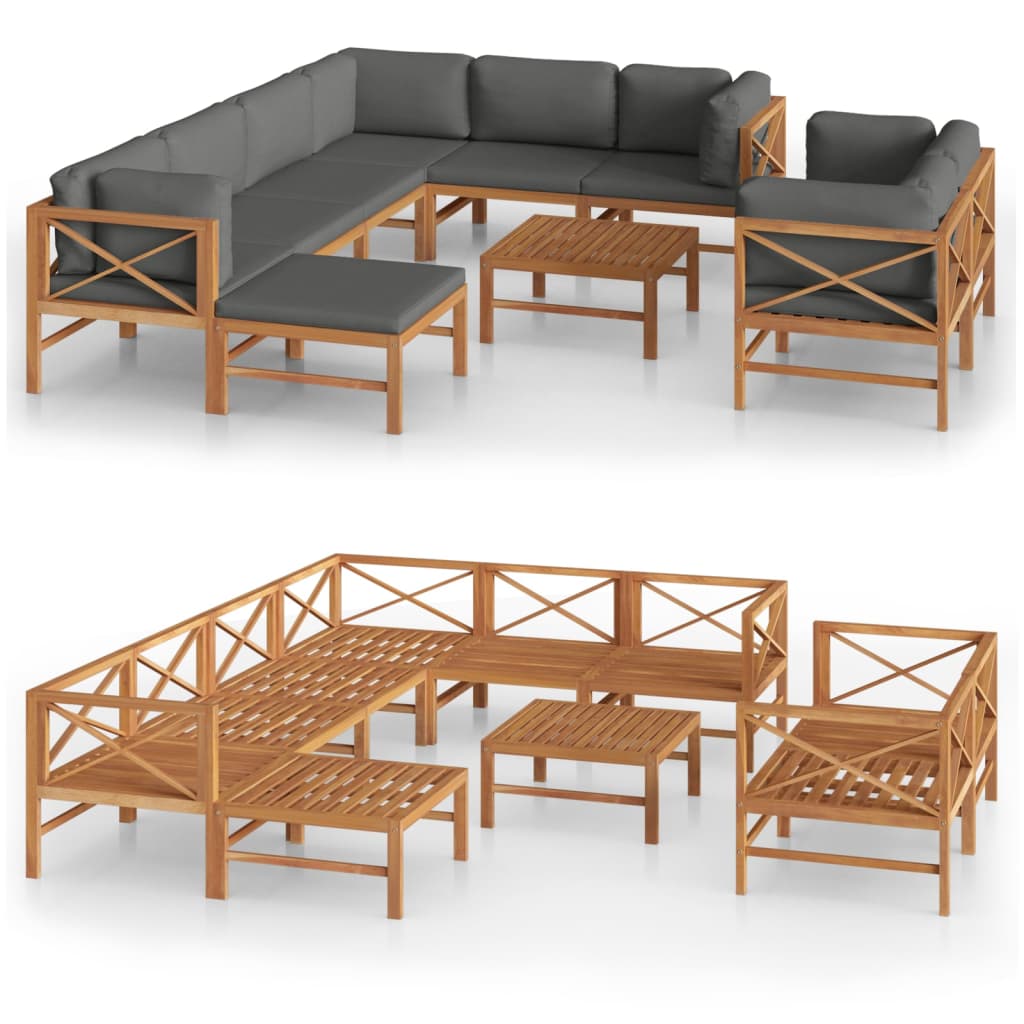 10 Piece Garden Lounge Set with Grey Cushions Solid Teak Wood