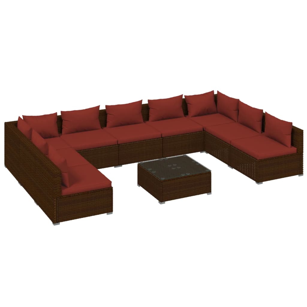 10 Piece Garden Lounge Set with Cushions Poly Rattan Brown