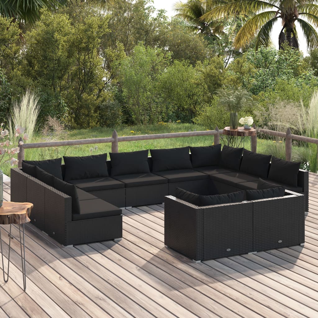 11 Piece Garden Lounge Set with Cushions Black Poly Rattan