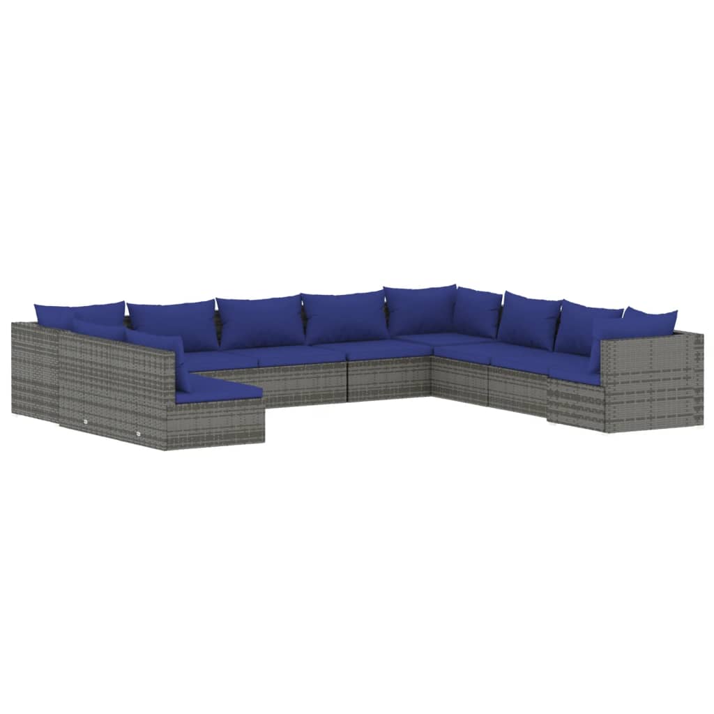 10 Piece Garden Lounge Set with Cushions Grey Poly Rattan