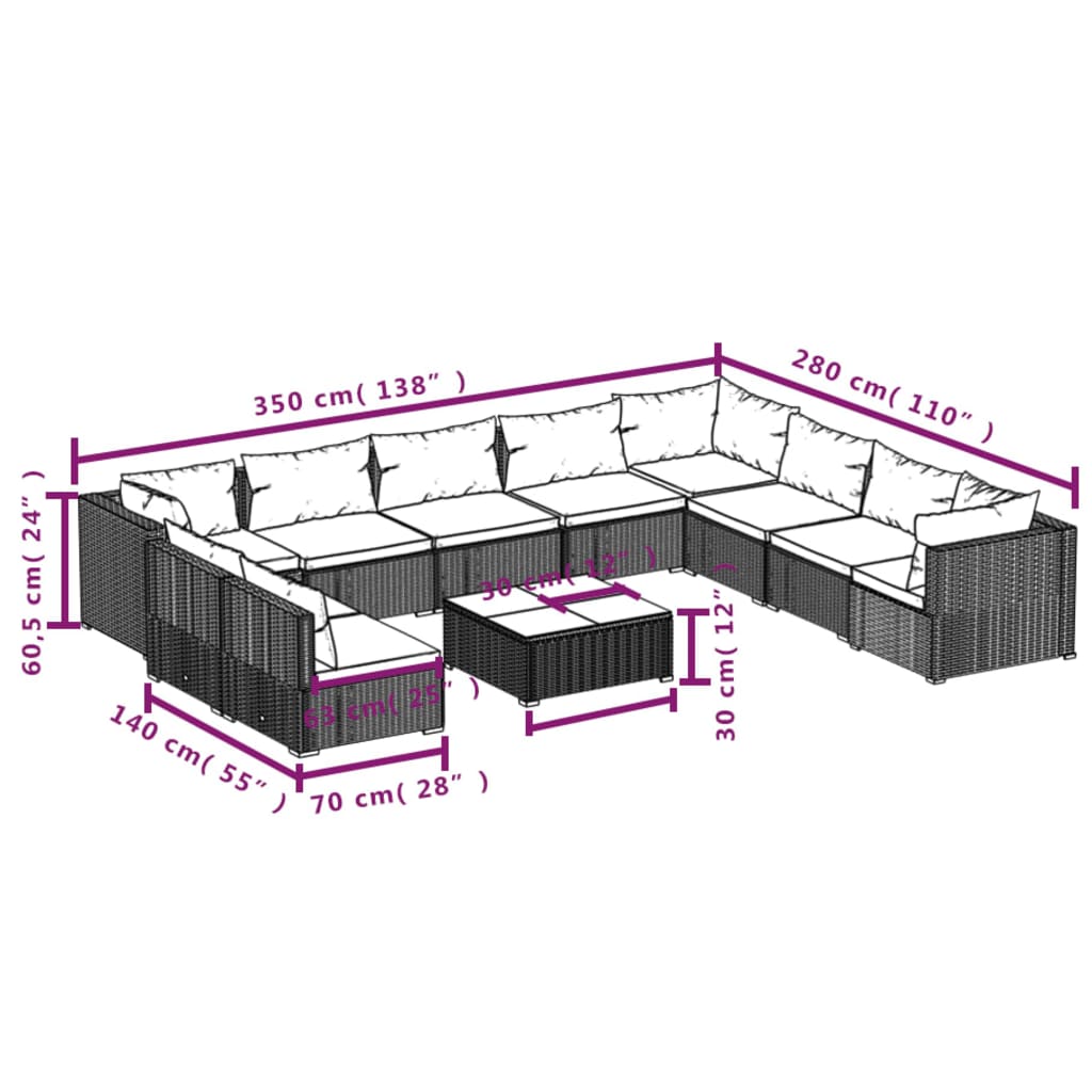 11 Piece Garden Lounge Set with Cushions Grey Poly Rattan