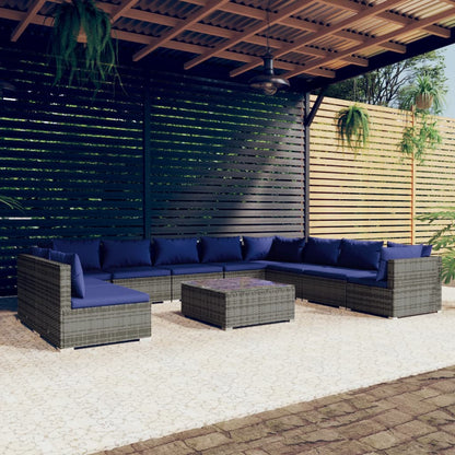 11 Piece Garden Lounge Set with Cushions Grey Poly Rattan