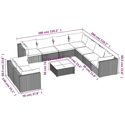 10 Piece Garden Lounge Set with Cushions Grey Poly Rattan