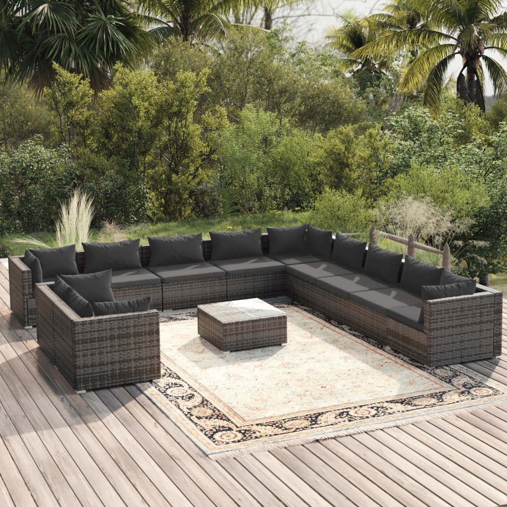 12 Piece Garden Lounge Set with Cushions Grey Poly Rattan