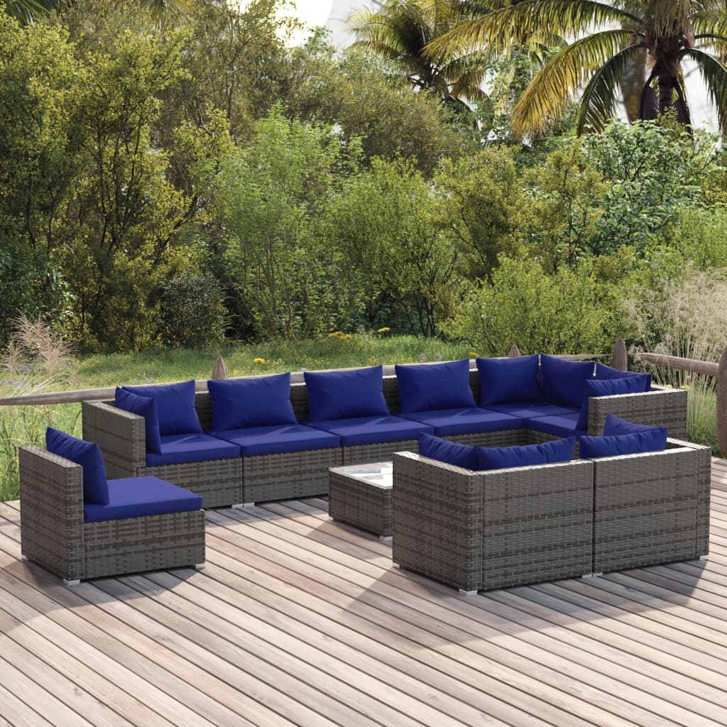 10 Piece Garden Lounge Set with Cushions Poly Rattan Grey