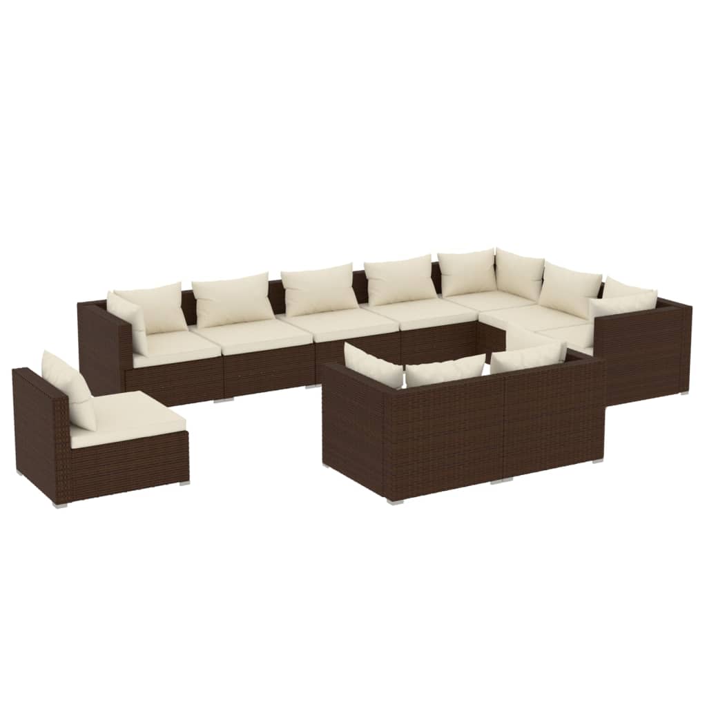 10 Piece Garden Lounge Set with Cushions Poly Rattan Brown