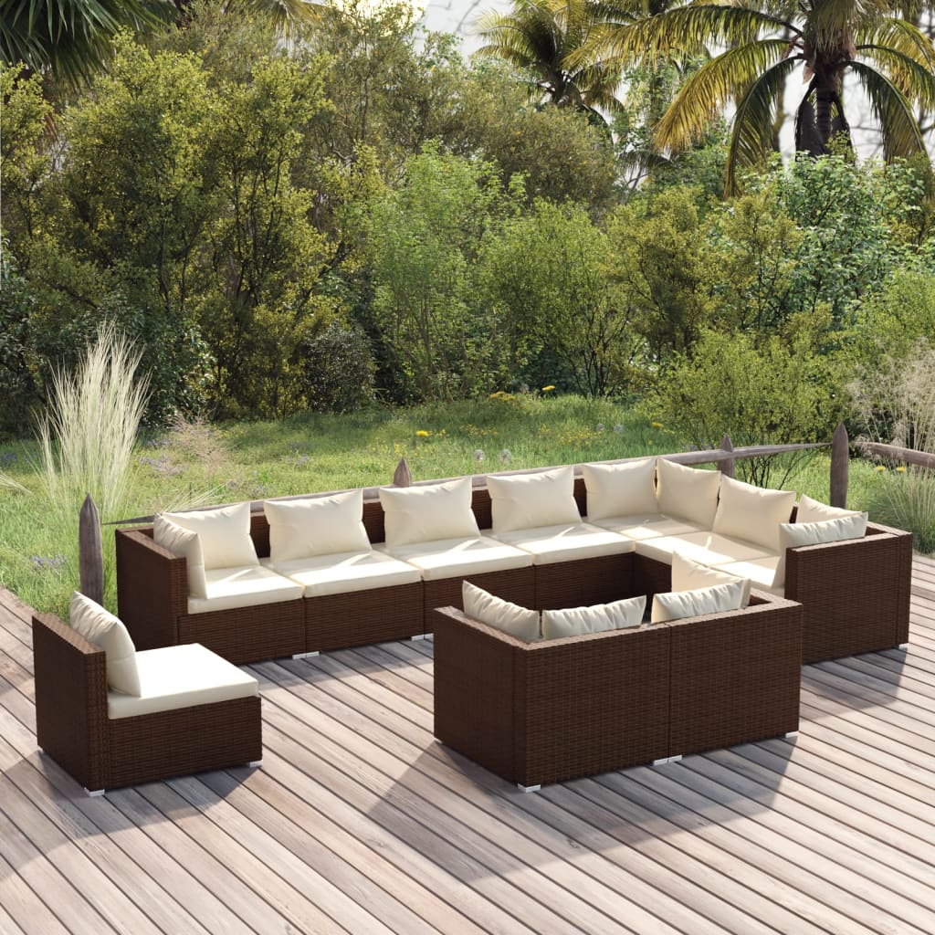 10 Piece Garden Lounge Set with Cushions Poly Rattan Brown