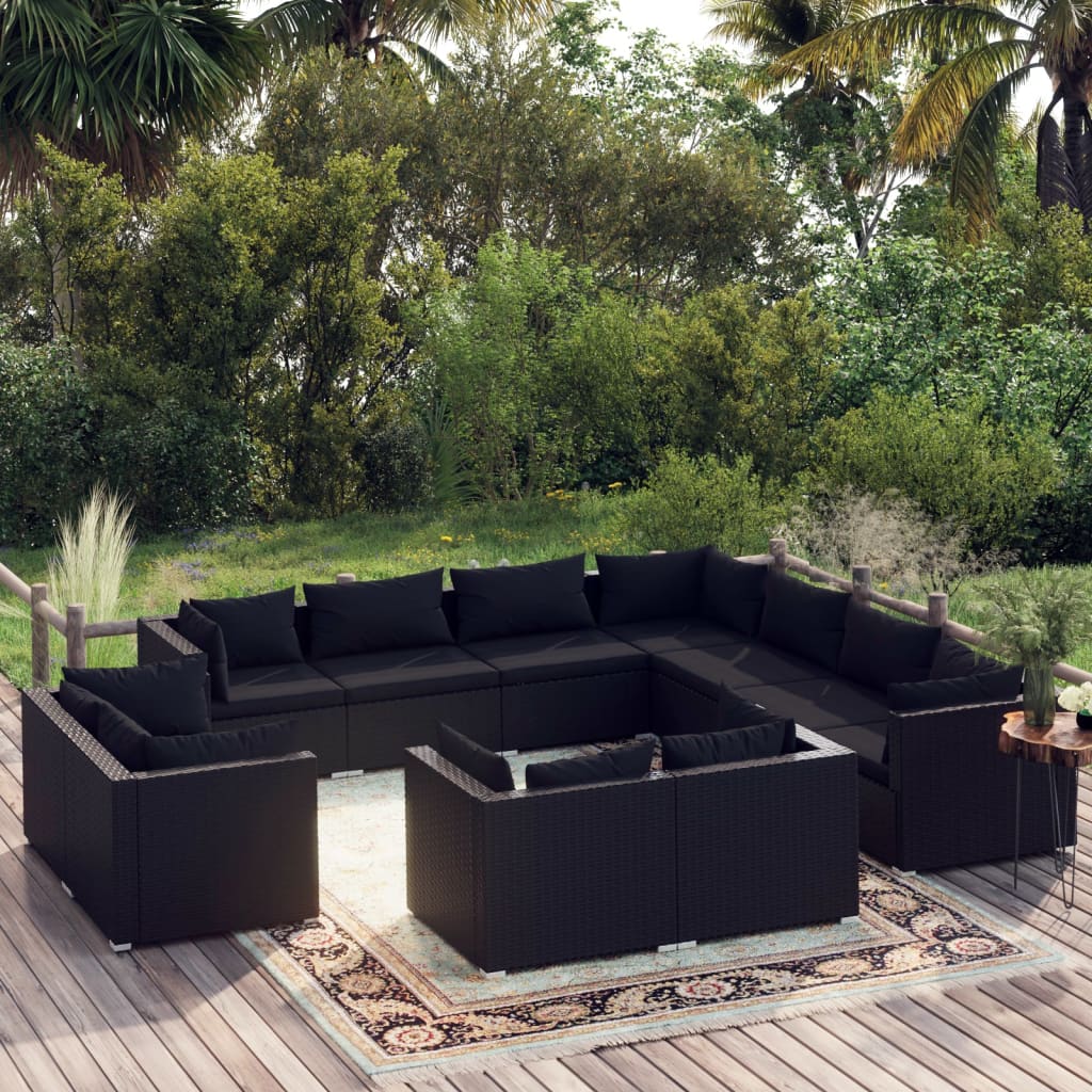 11 Piece Garden Lounge Set with Cushions Black Poly Rattan