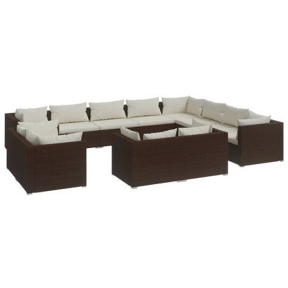 12 Piece Garden Lounge Set with Cushions Brown Poly Rattan